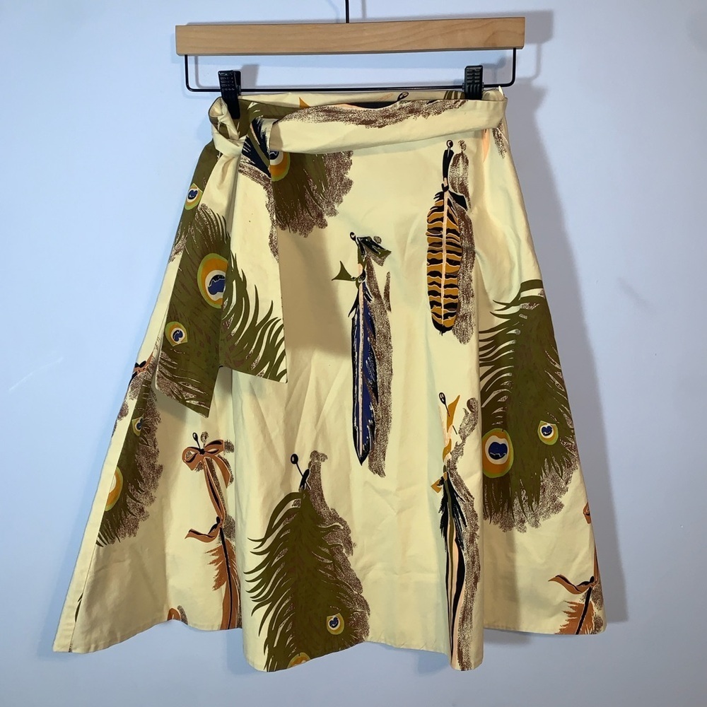 Odille cream peacock Feather Print A-Line Skirt belt size 4 vintage anthro twee